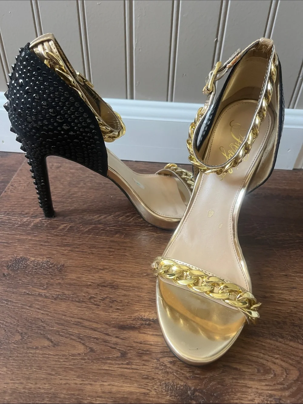 Fergie Gold Chain-Trim Ankle Strap Heels